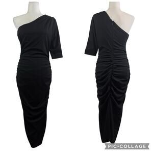 NWT Alieva Dolly Black Ruched Maxi Dress Large One Shoulder Bodycon Gothic Party